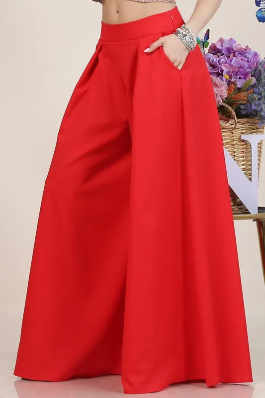 Red Solid Color Women Wide Palazzo Pants