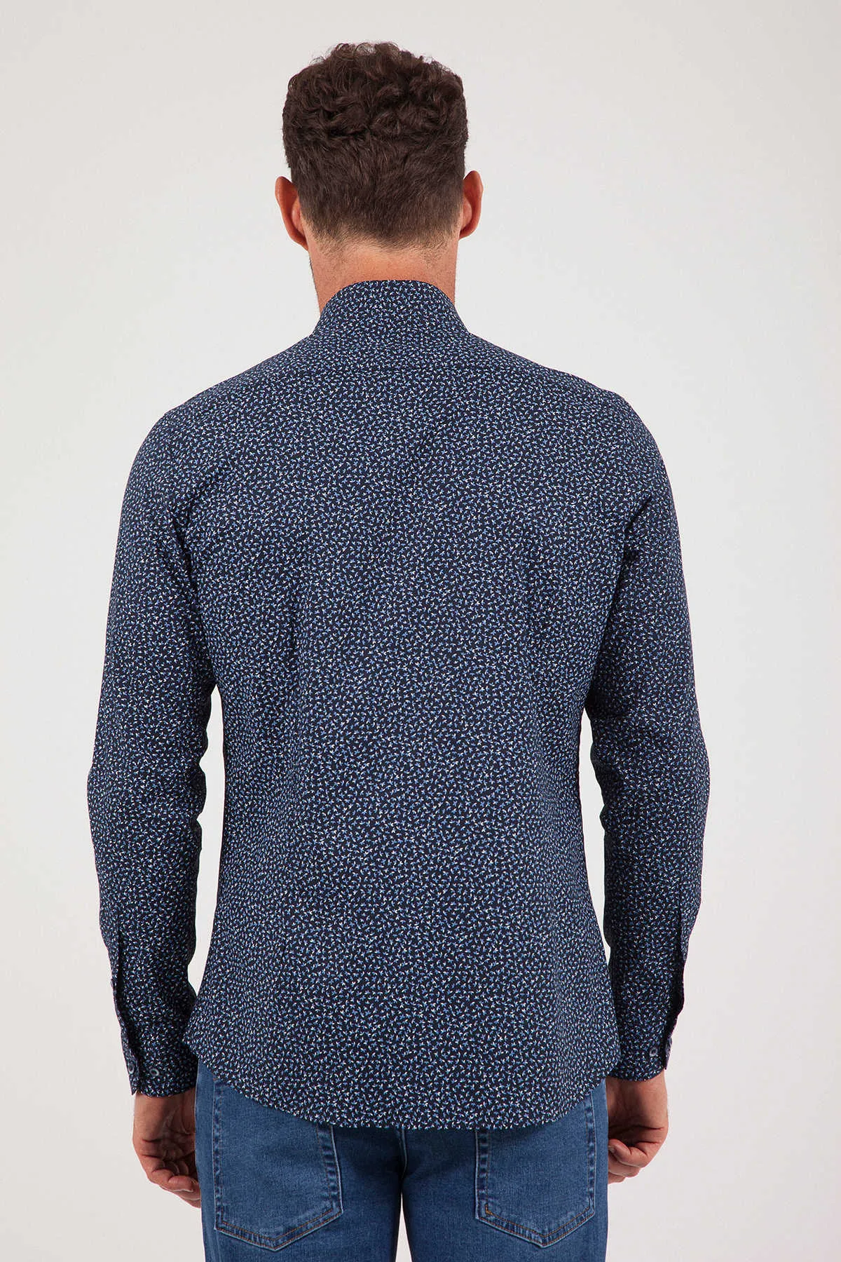 Regular Fit Printed Cotton Blend Navy Casual Shirt