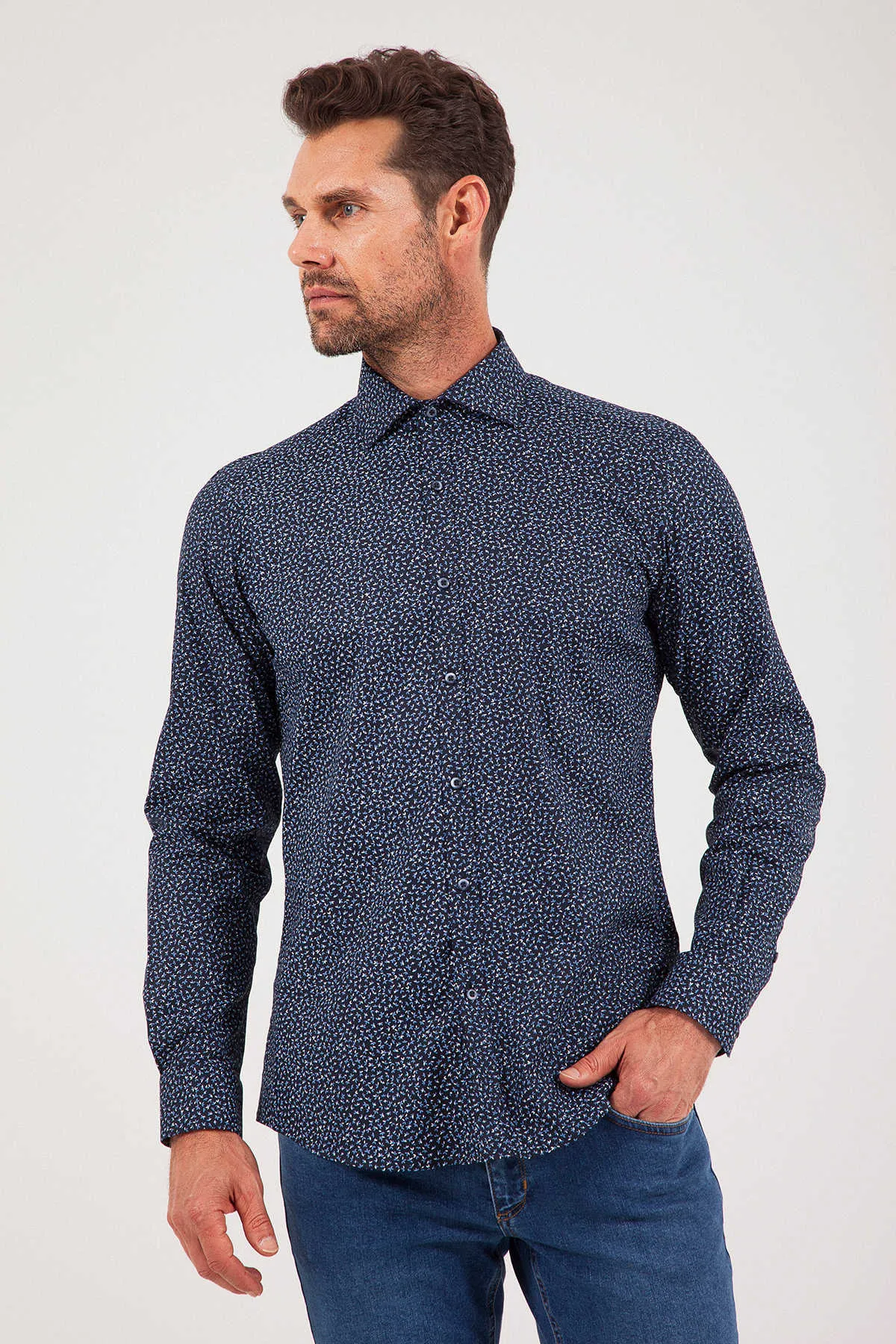 Regular Fit Printed Cotton Blend Navy Casual Shirt