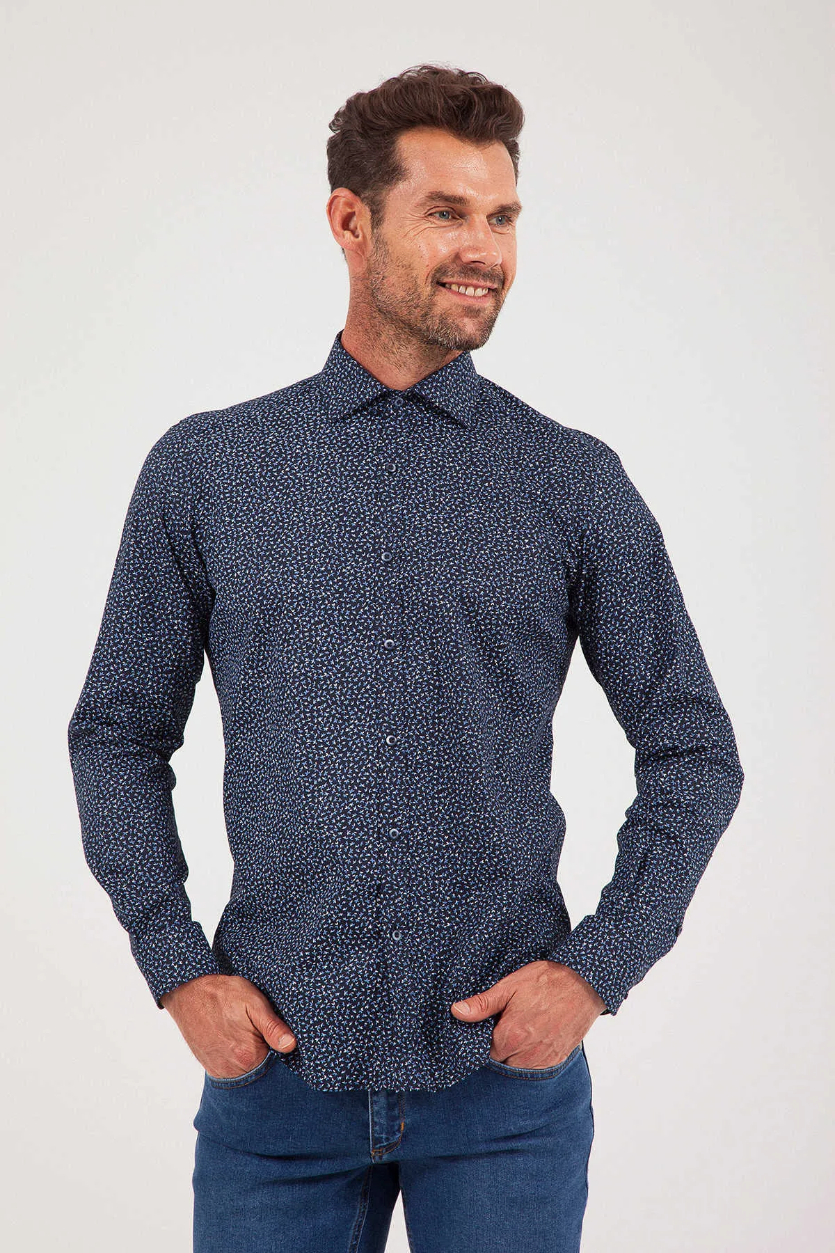 Regular Fit Printed Cotton Blend Navy Casual Shirt