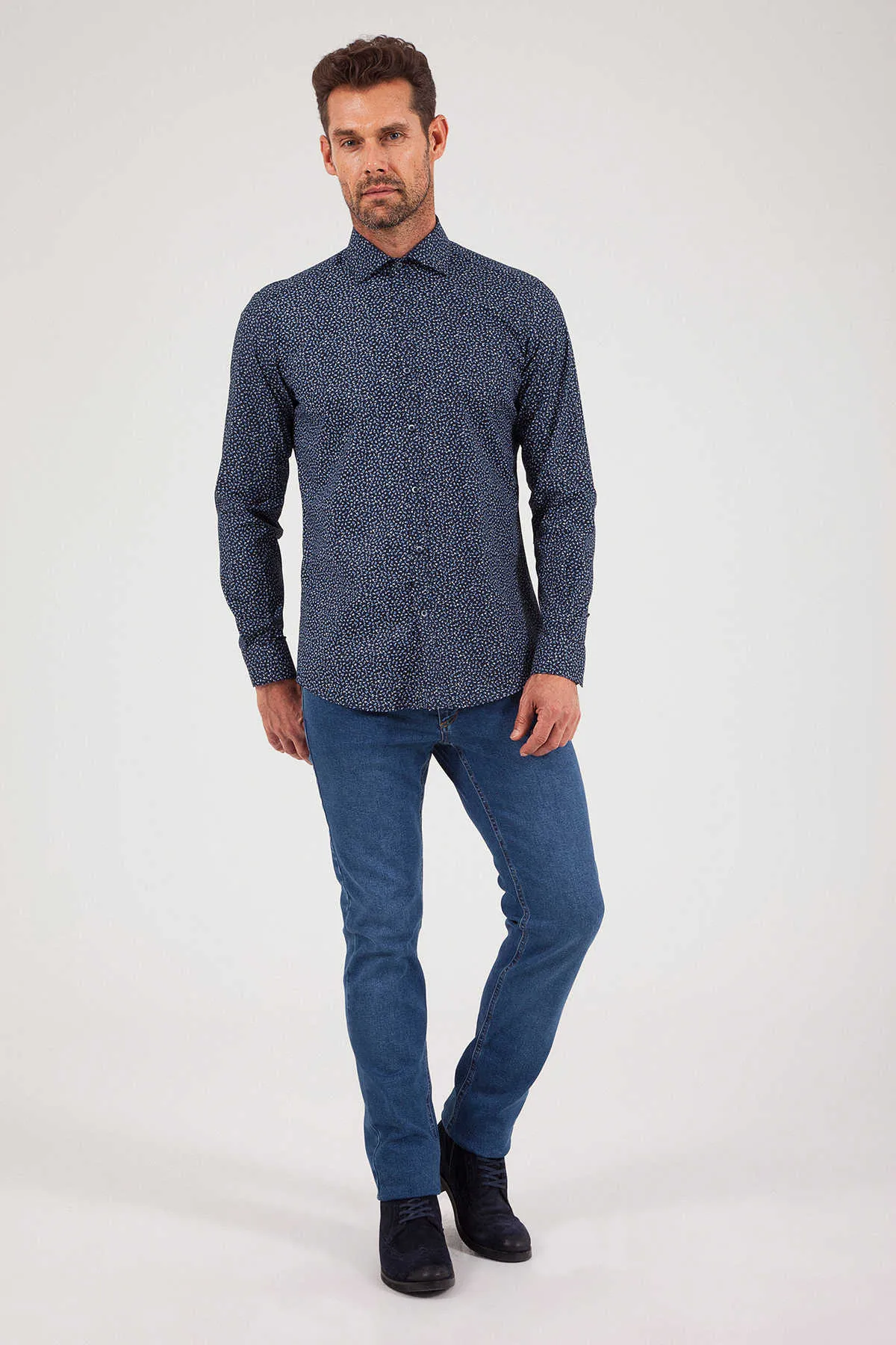 Regular Fit Printed Cotton Blend Navy Casual Shirt