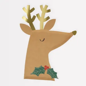 Reindeer Plates, Set of 8 Meri Meri Die-Cut Kraft Reindeer with Holly Plates, Gold Foil Antlers, 8.25" x 10.75"