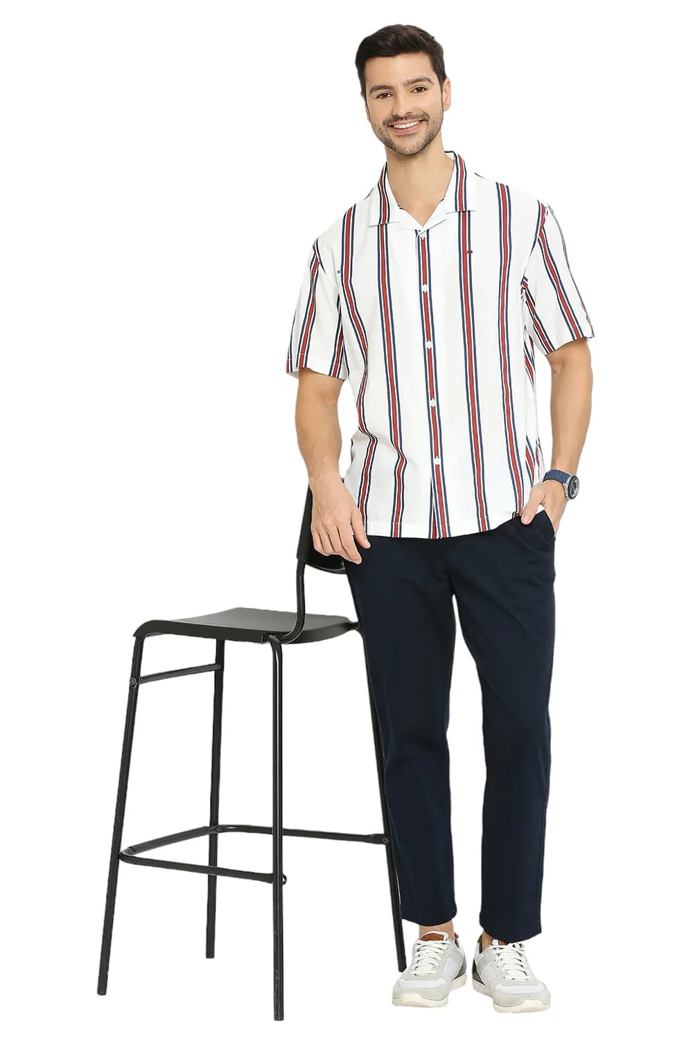 Relaxed Fit Cotton Viscose Stripe Halfsleeves Shirt