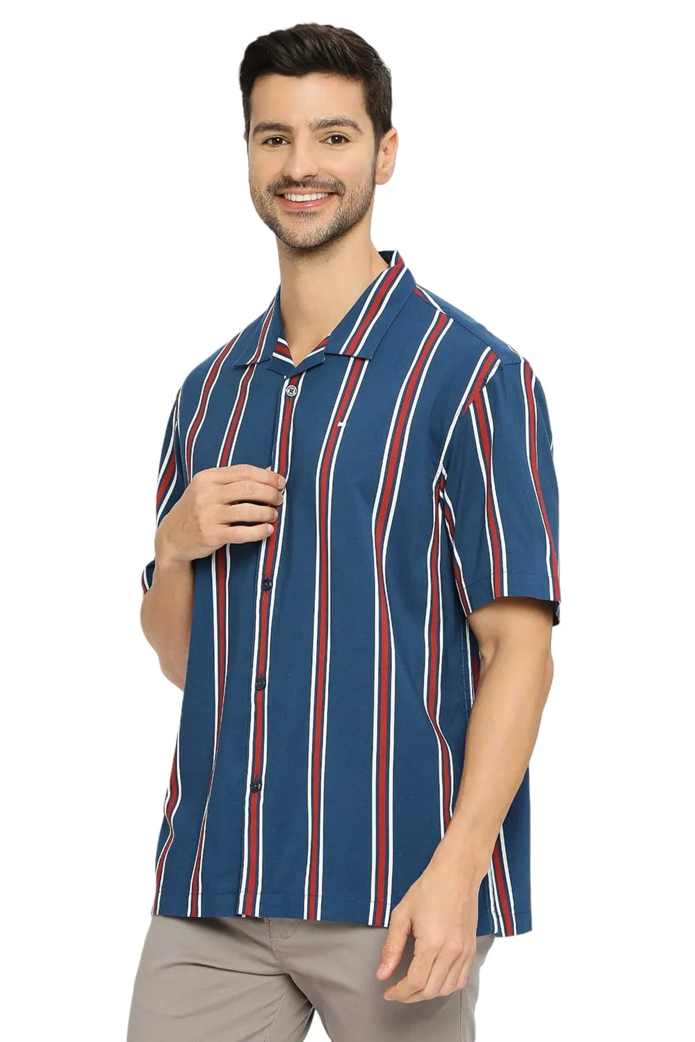 Relaxed Fit Cotton Viscose Stripe Halfsleeves Shirt