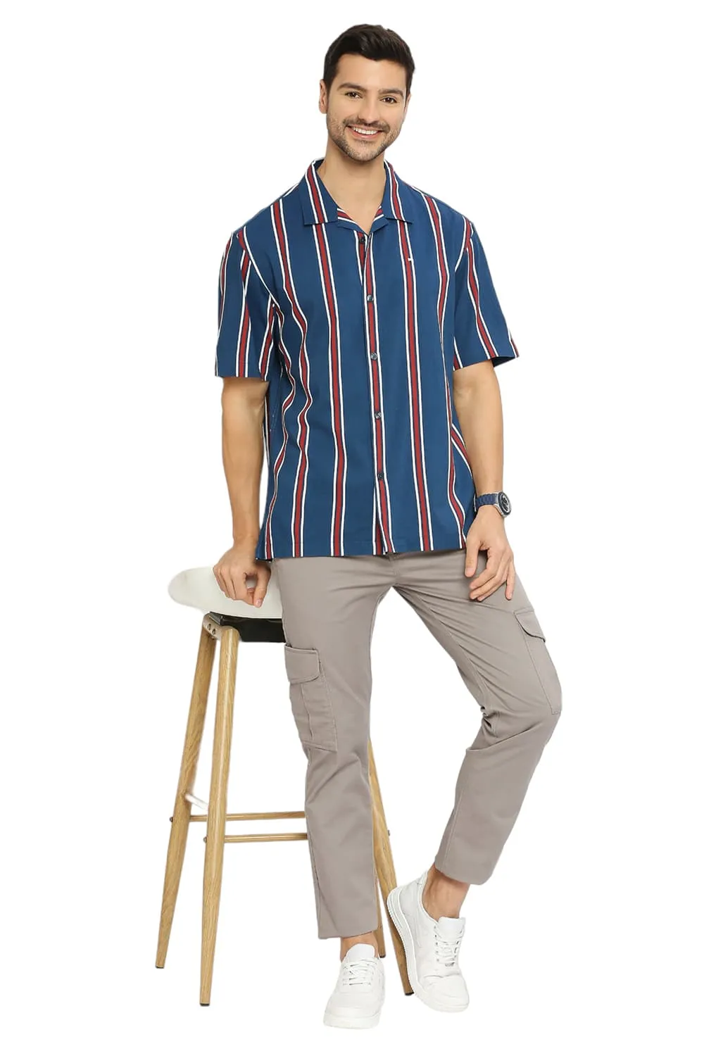 Relaxed Fit Cotton Viscose Stripe Halfsleeves Shirt