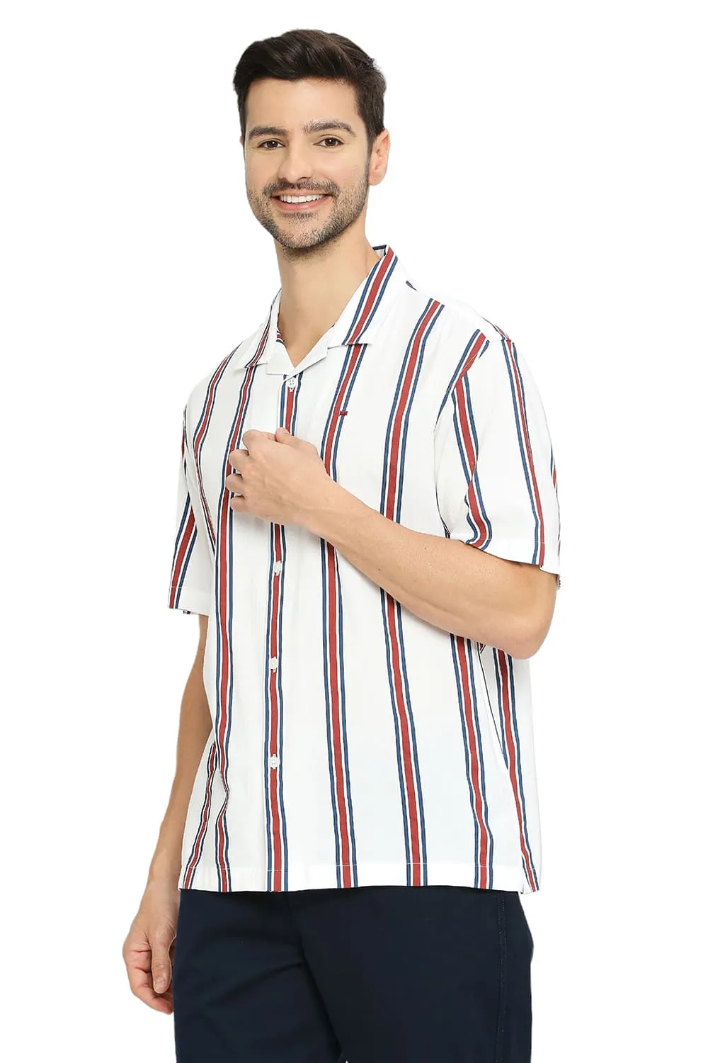 Relaxed Fit Cotton Viscose Stripe Halfsleeves Shirt