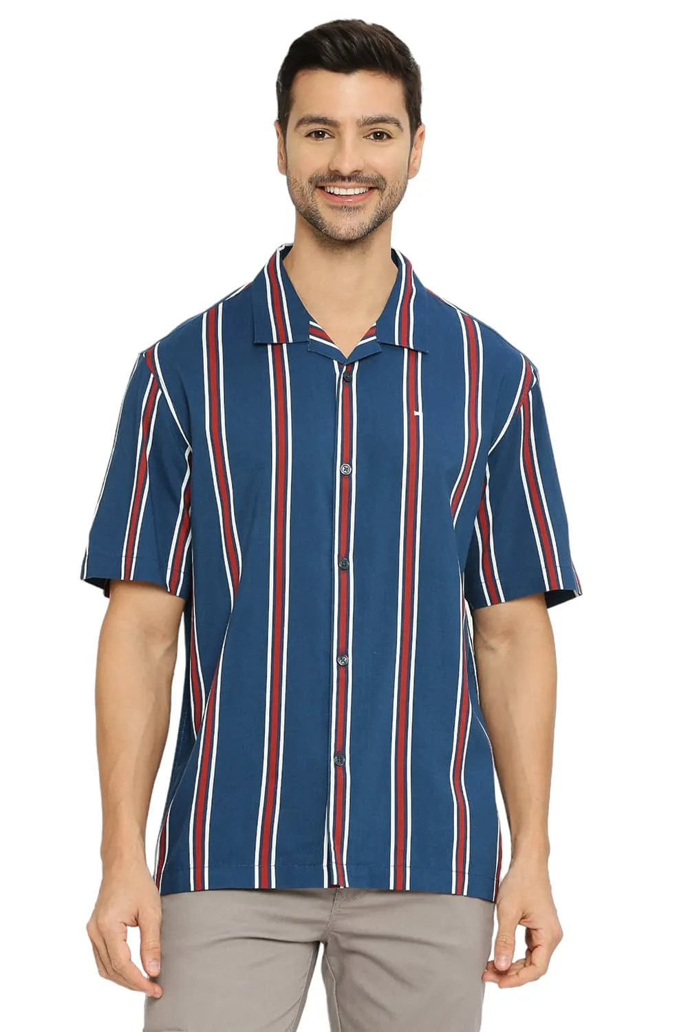 Relaxed Fit Cotton Viscose Stripe Halfsleeves Shirt