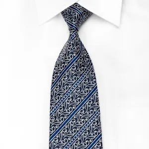 Renoma Men's Crystal Silk Tie Silver Scrolls & Stripes On Blue With Silver Sparkles