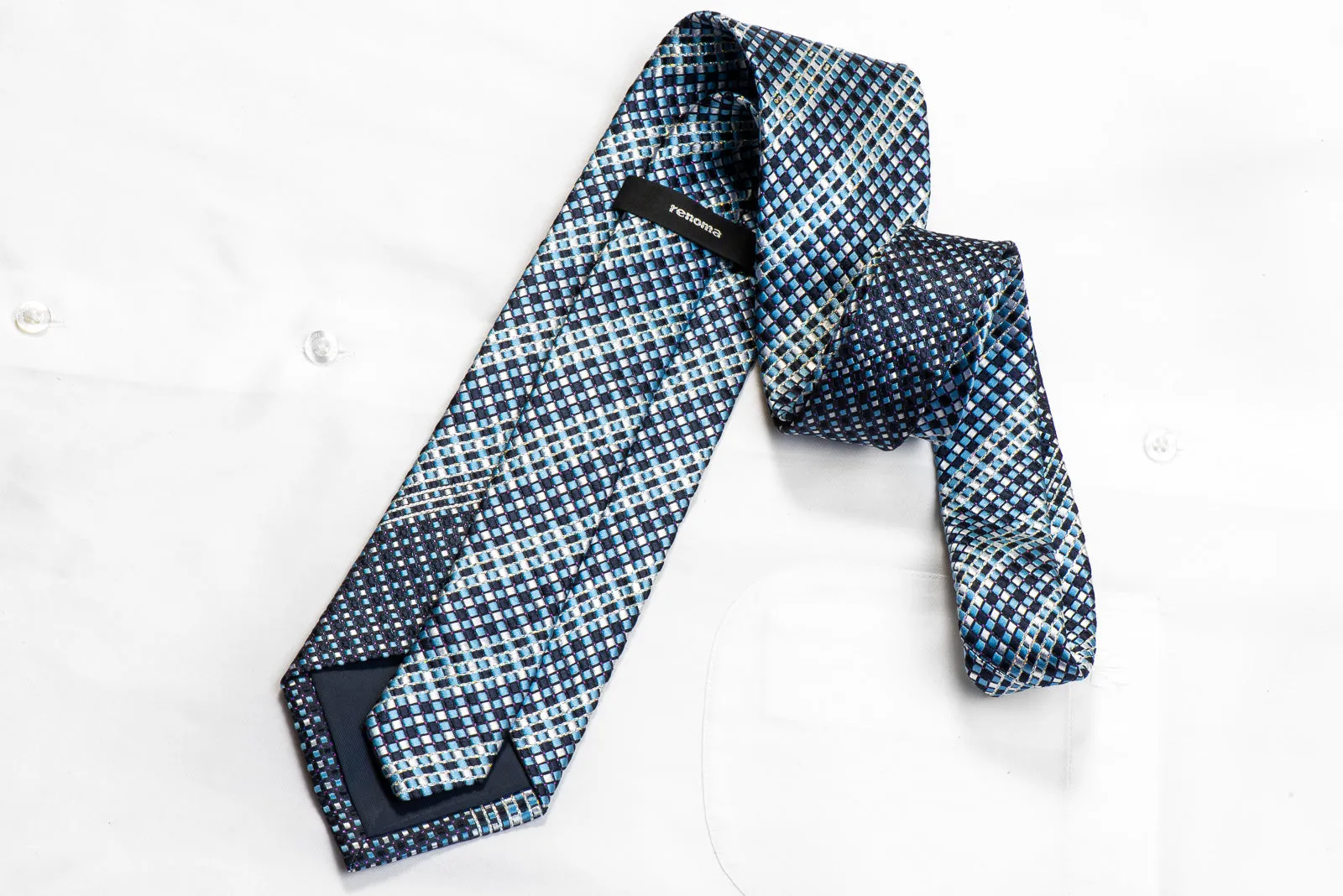 Renoma Men's Rhinestone Silk Necktie Blue Checkered With Silver Sparkles