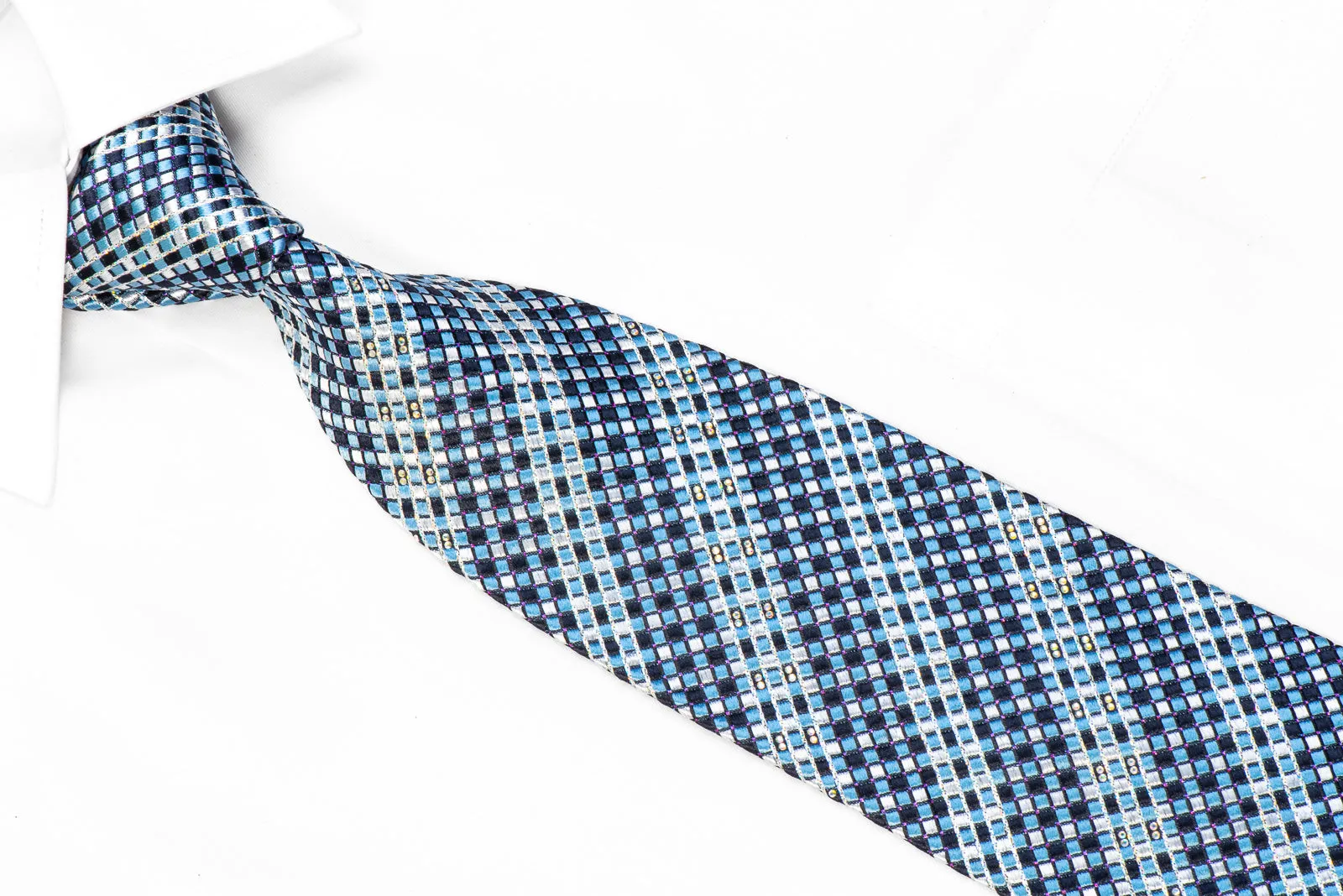 Renoma Men's Rhinestone Silk Necktie Blue Checkered With Silver Sparkles
