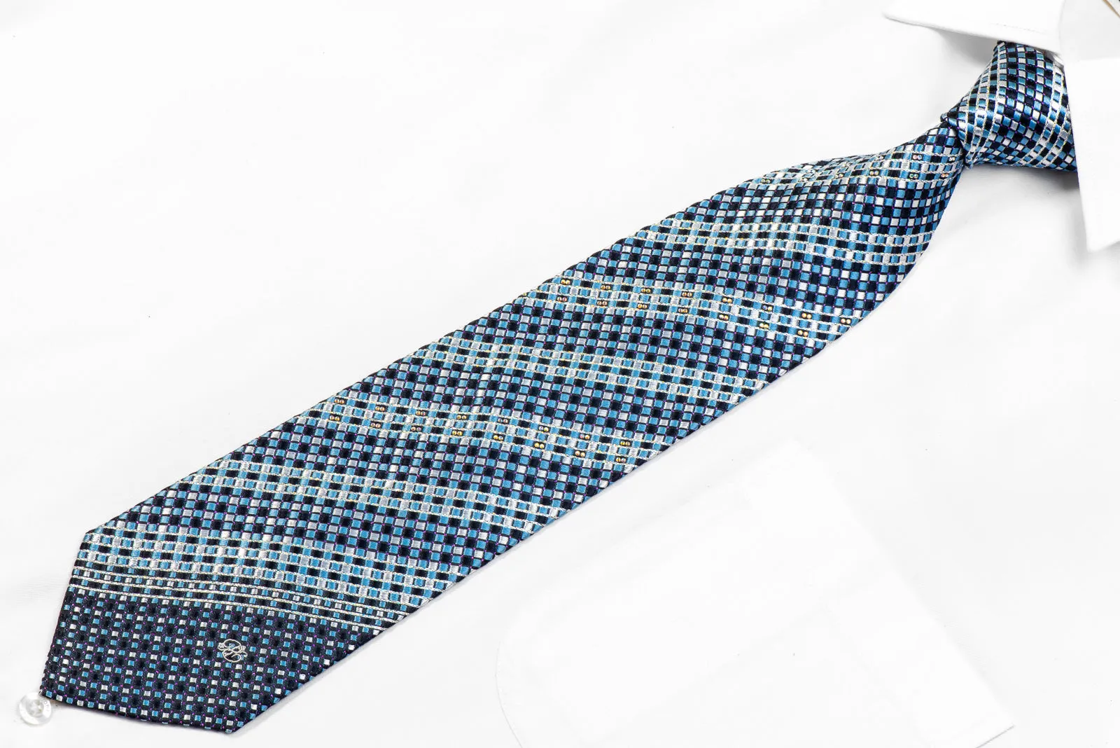 Renoma Men's Rhinestone Silk Necktie Blue Checkered With Silver Sparkles