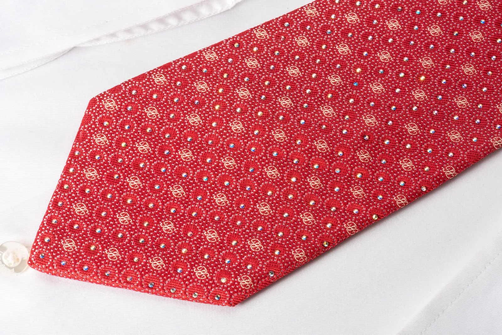 Renoma Mens Silk Necktie Silver Micro Dots On Red Sparkling With Rhinestones