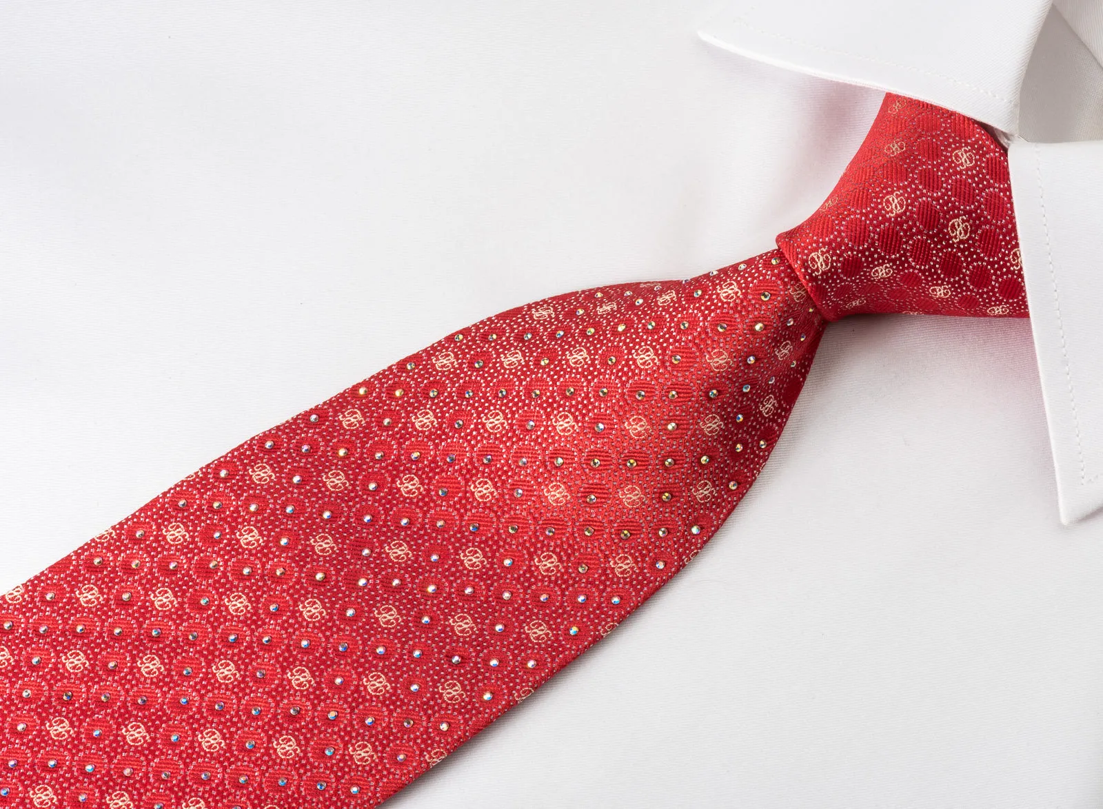 Renoma Mens Silk Necktie Silver Micro Dots On Red Sparkling With Rhinestones