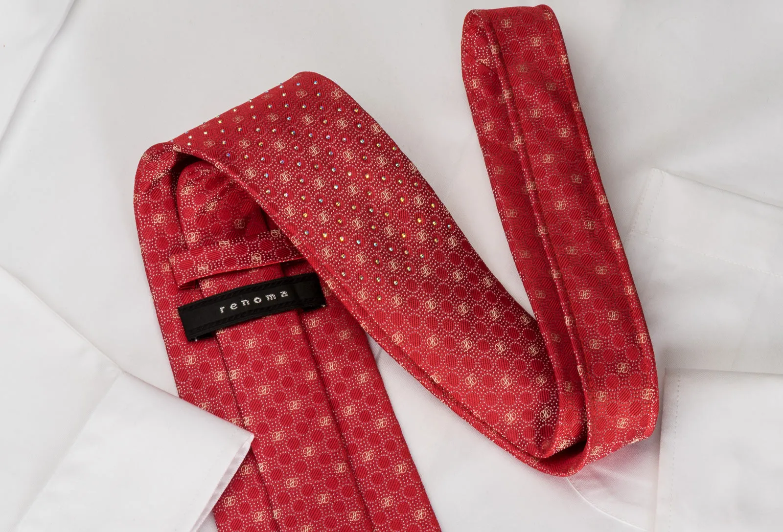 Renoma Mens Silk Necktie Silver Micro Dots On Red Sparkling With Rhinestones