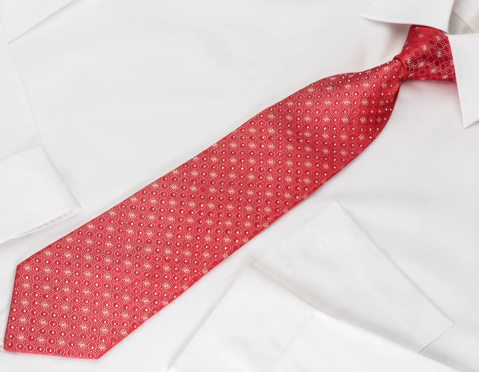 Renoma Mens Silk Necktie Silver Micro Dots On Red Sparkling With Rhinestones