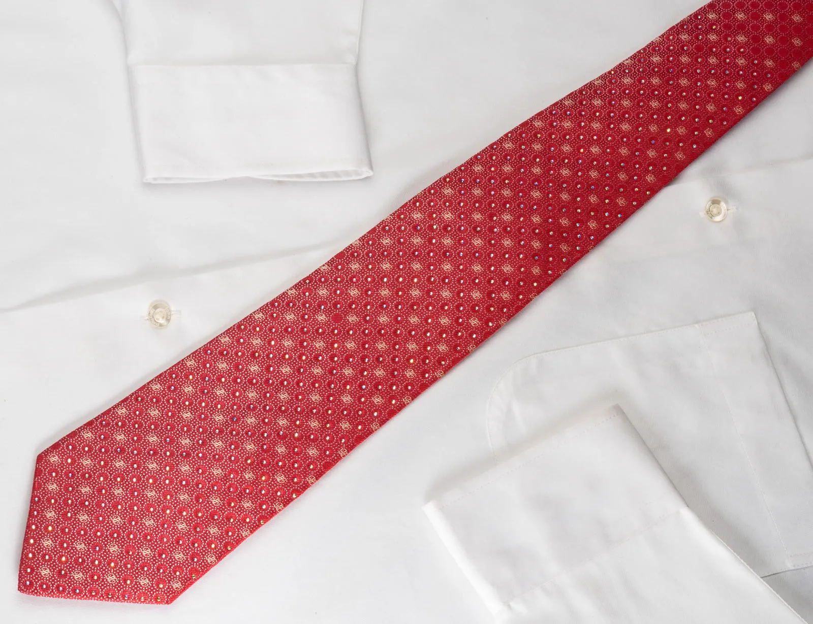Renoma Mens Silk Necktie Silver Micro Dots On Red Sparkling With Rhinestones