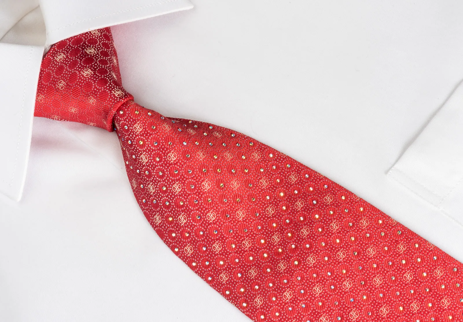 Renoma Mens Silk Necktie Silver Micro Dots On Red Sparkling With Rhinestones