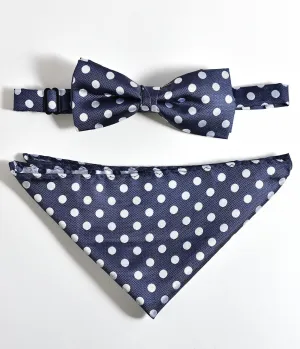 Retro Style Navy & Ivory Polka Dot Bow Tie & Pocket Square