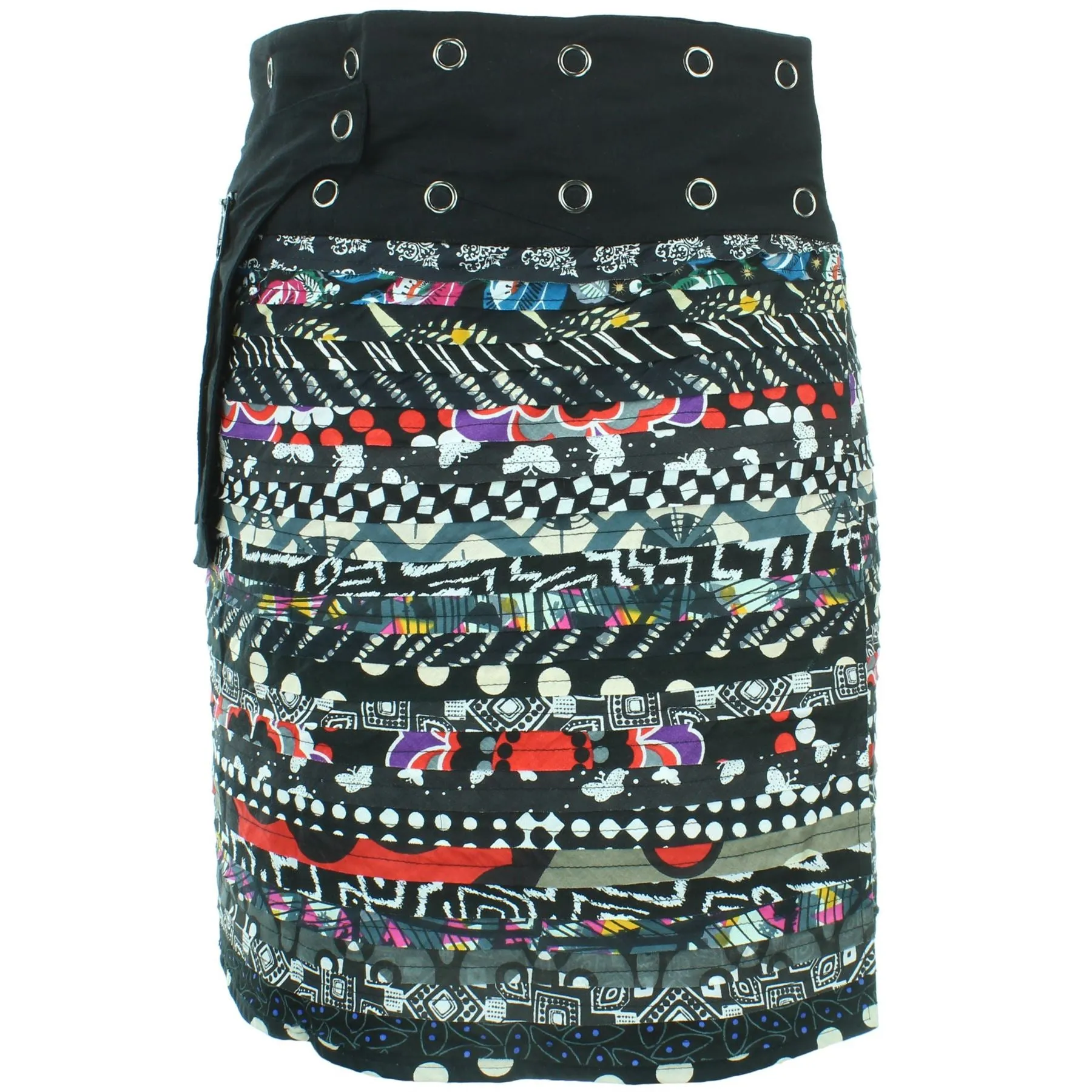 Reversible Popper Wrap Knee Length Skirt - Black Patch Strips / Kaleidoscope