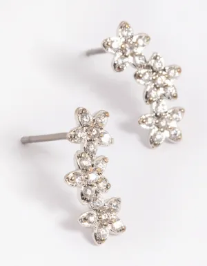 Rhodium Flower Cluster Crawler Stud Earrings