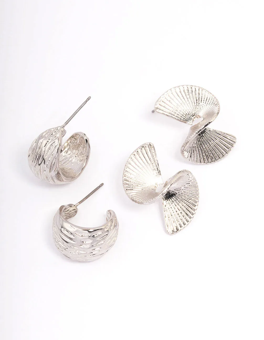 Rhodium Textured Hoop Earrings Pack