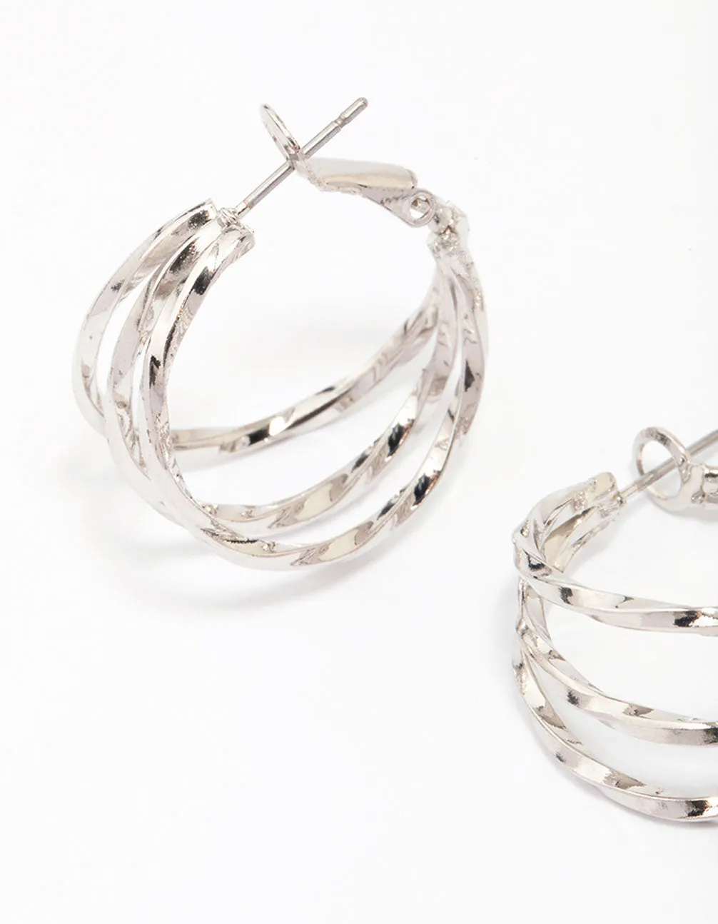 Rhodium Triple Row Smooth Hoop Earrings