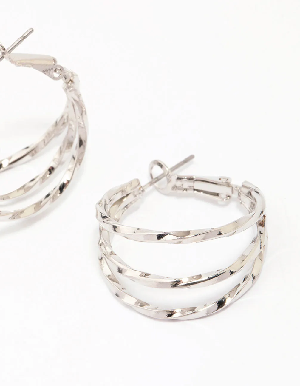 Rhodium Triple Row Smooth Hoop Earrings