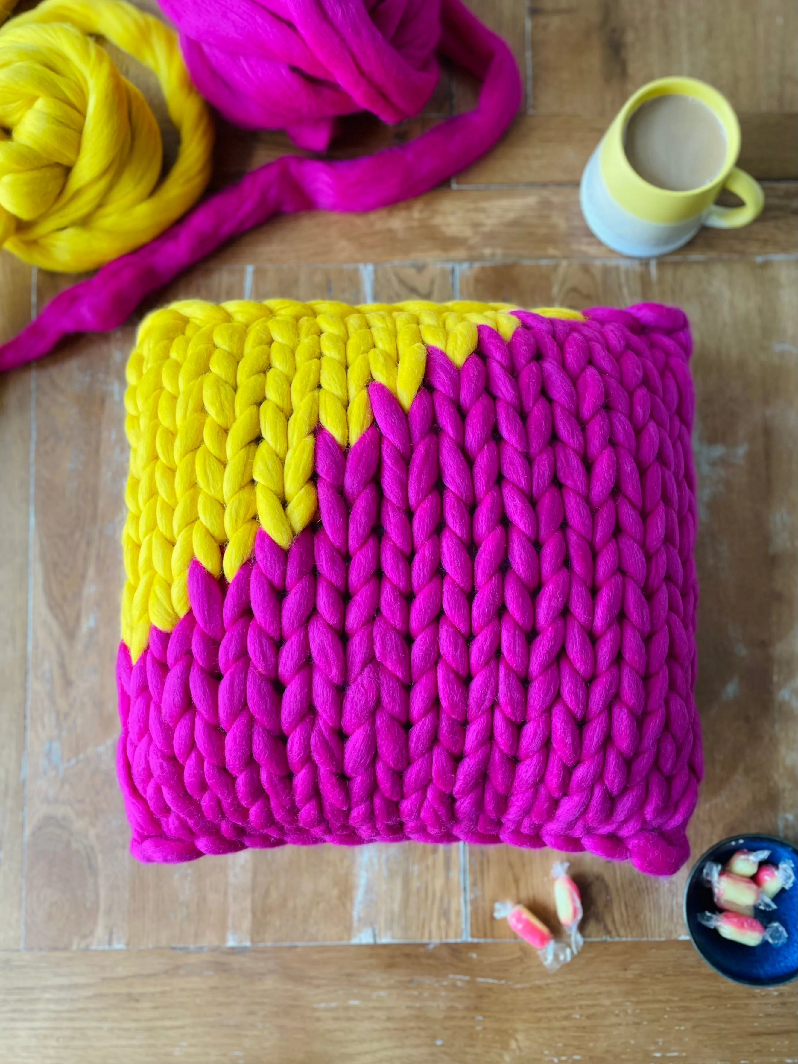 Rhubarb & custard merino cushion