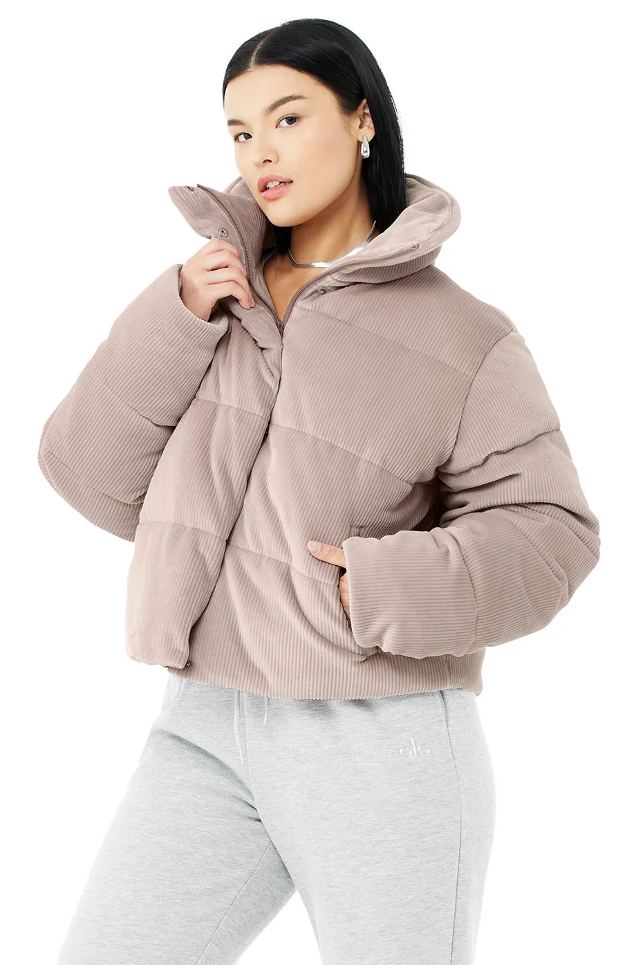 Ribbed Velour Gold Rush Puffer - Dusty Pink