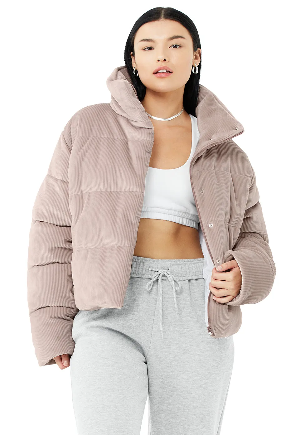 Ribbed Velour Gold Rush Puffer - Dusty Pink