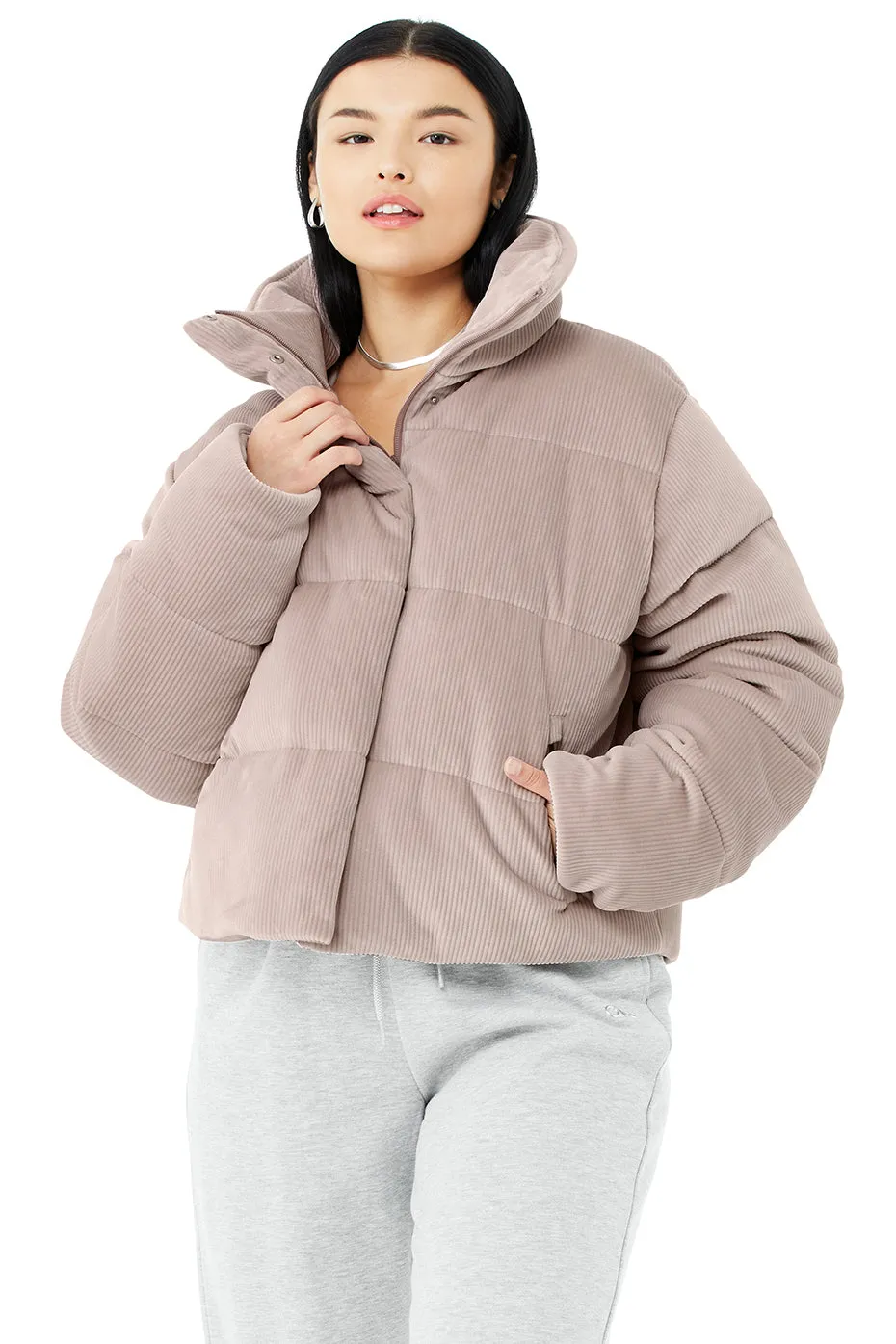 Ribbed Velour Gold Rush Puffer - Dusty Pink