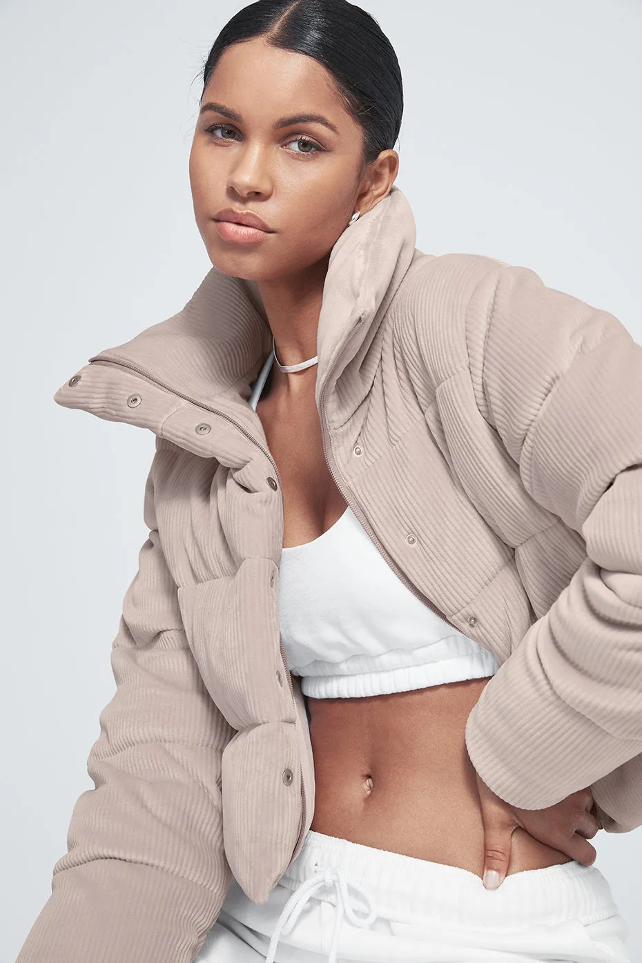 Ribbed Velour Gold Rush Puffer - Dusty Pink