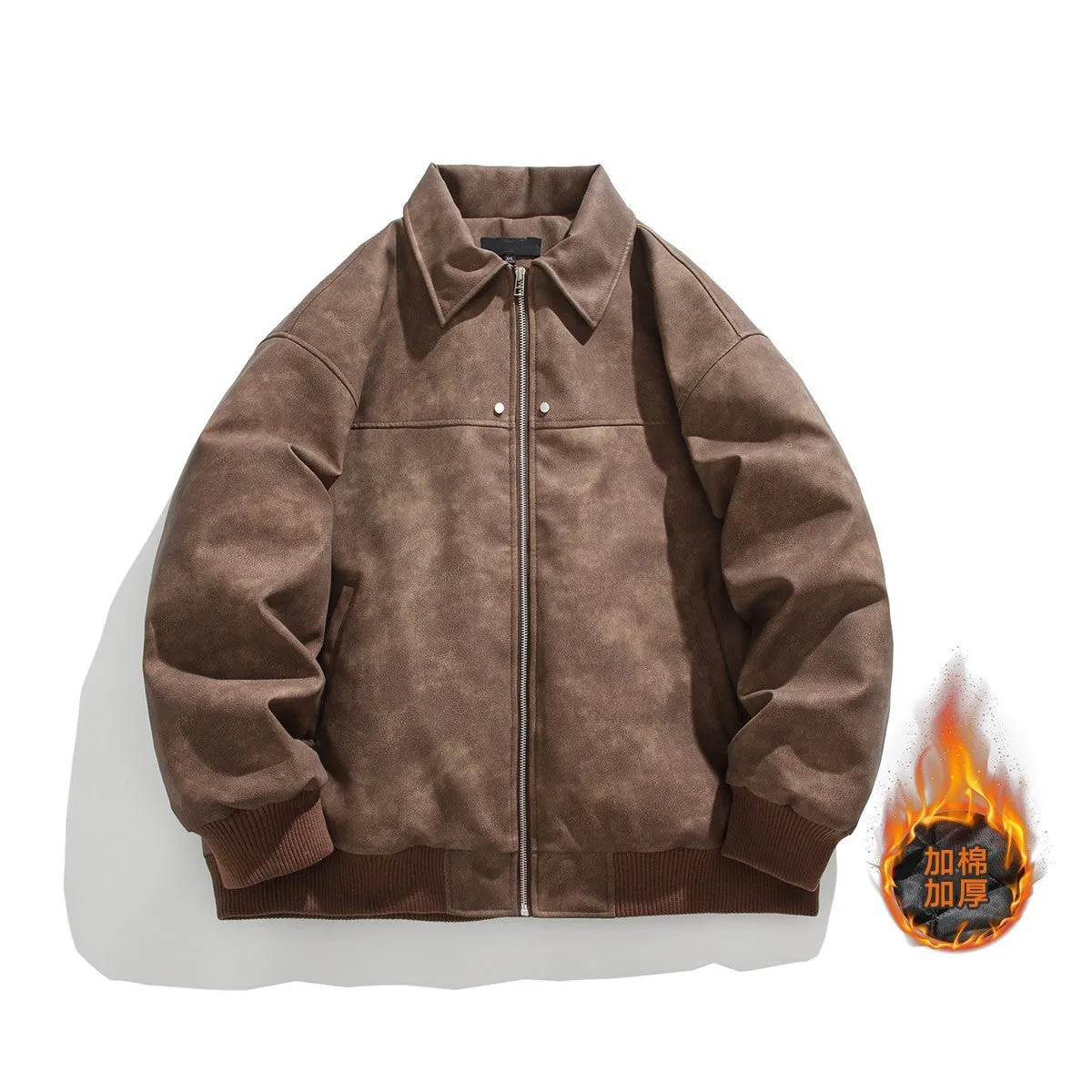 Riolio mens jackets American Retro Lapel Leather Jacket Cotton-Padded Jacket Men's Autumn and Winter Loose Distressed Couple Tooling PU Leather Jacket