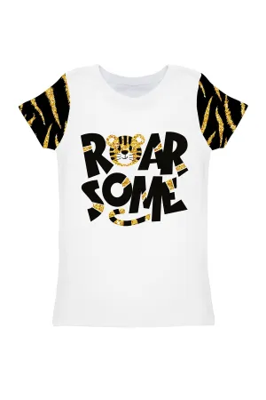 Roarsome Zoe White Designer Slogan Tiger Print Glitter T-Shirt - Girls