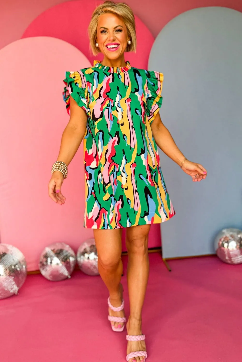 Rose Abstract Print Frill Neck Ruffle Sleeve Mini Dress