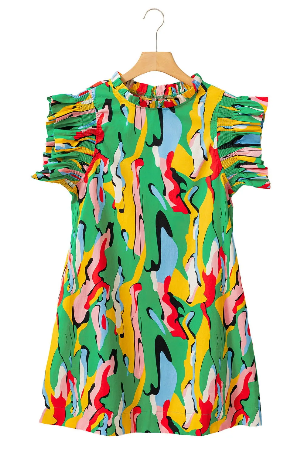 Rose Abstract Print Frill Neck Ruffle Sleeve Mini Dress