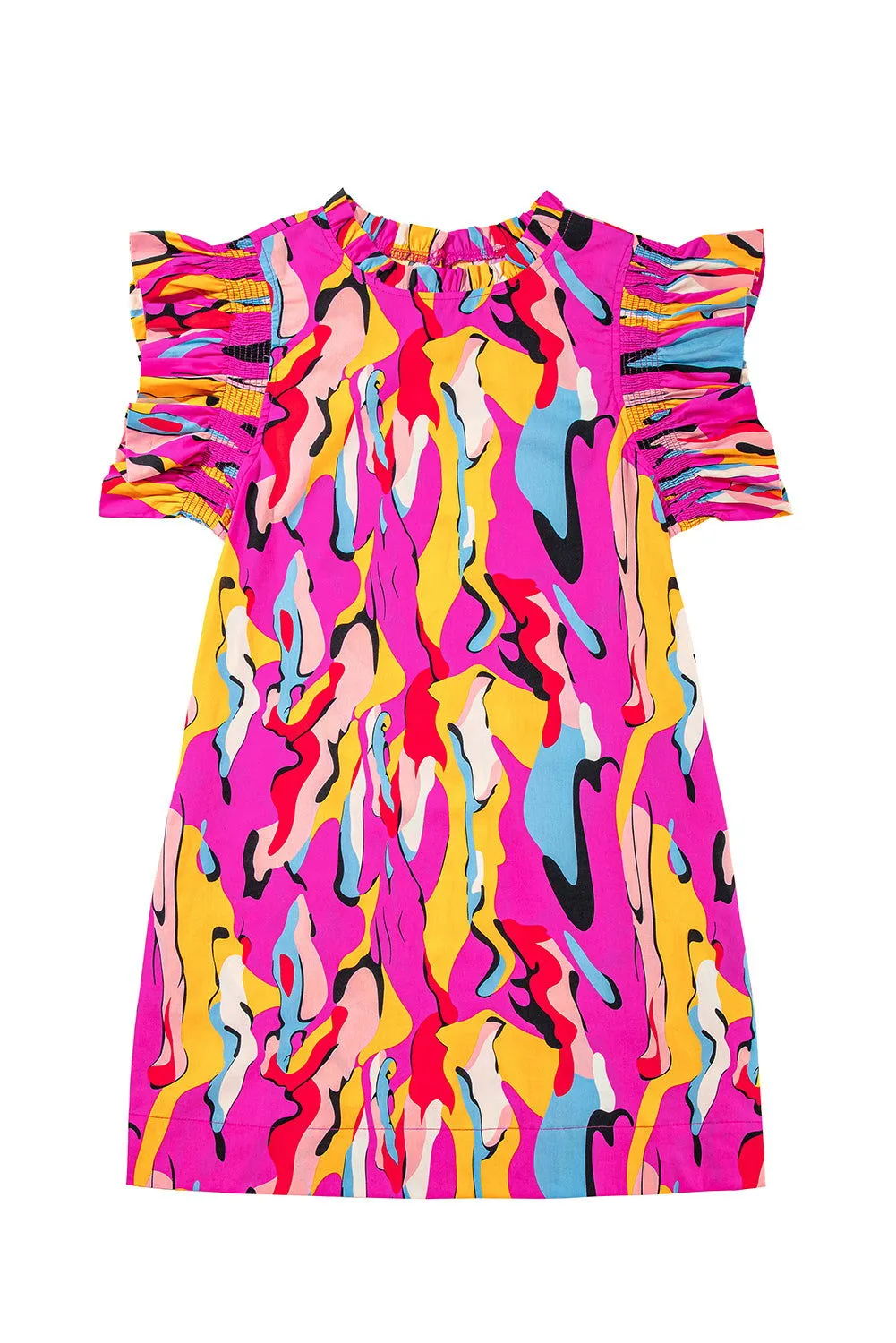 Rose Abstract Print Frill Neck Ruffle Sleeve Mini Dress