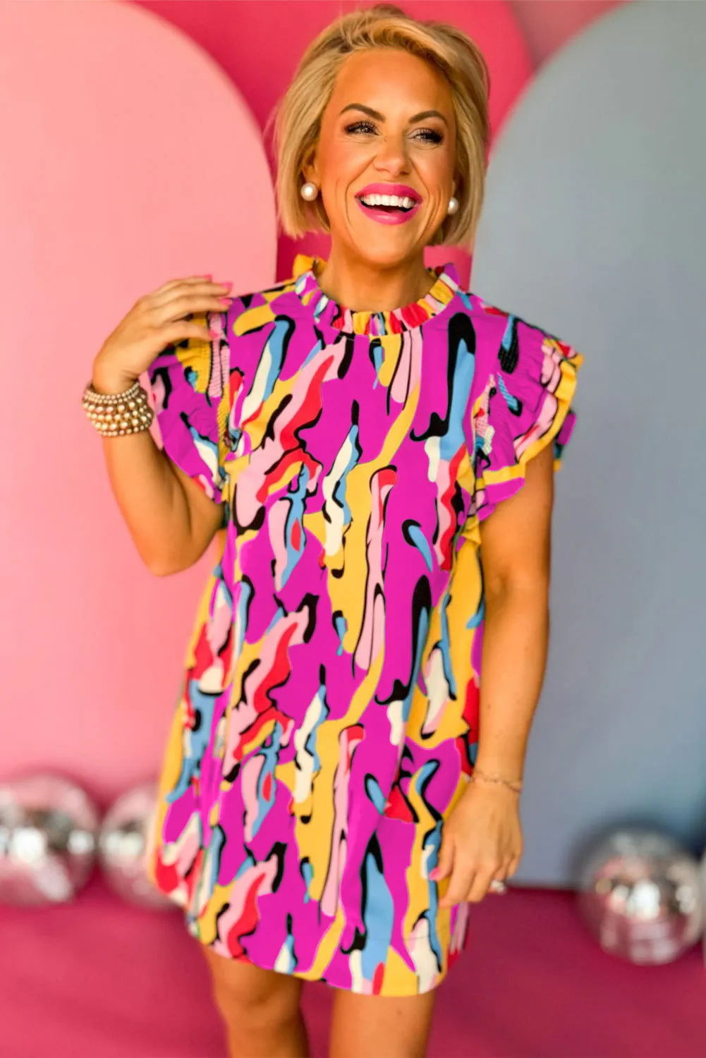 Rose Abstract Print Frill Neck Ruffle Sleeve Mini Dress
