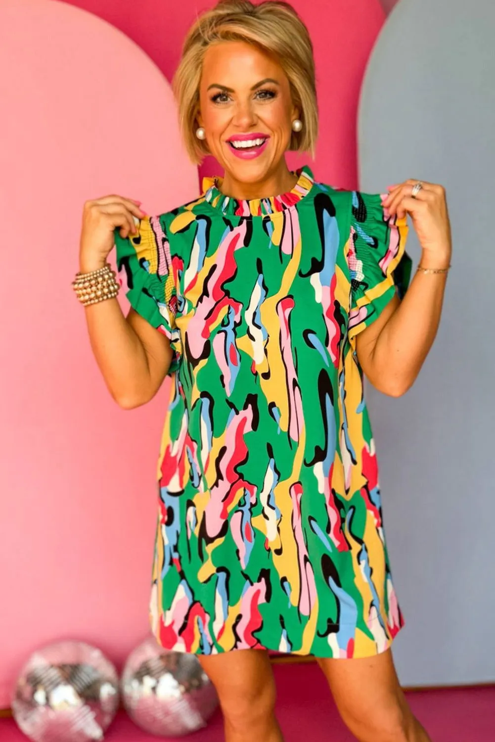 Rose Abstract Print Frill Neck Ruffle Sleeve Mini Dress