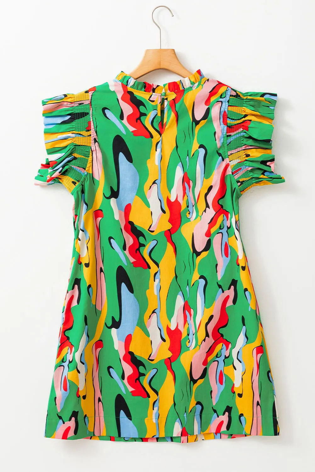 Rose Abstract Print Frill Neck Ruffle Sleeve Mini Dress