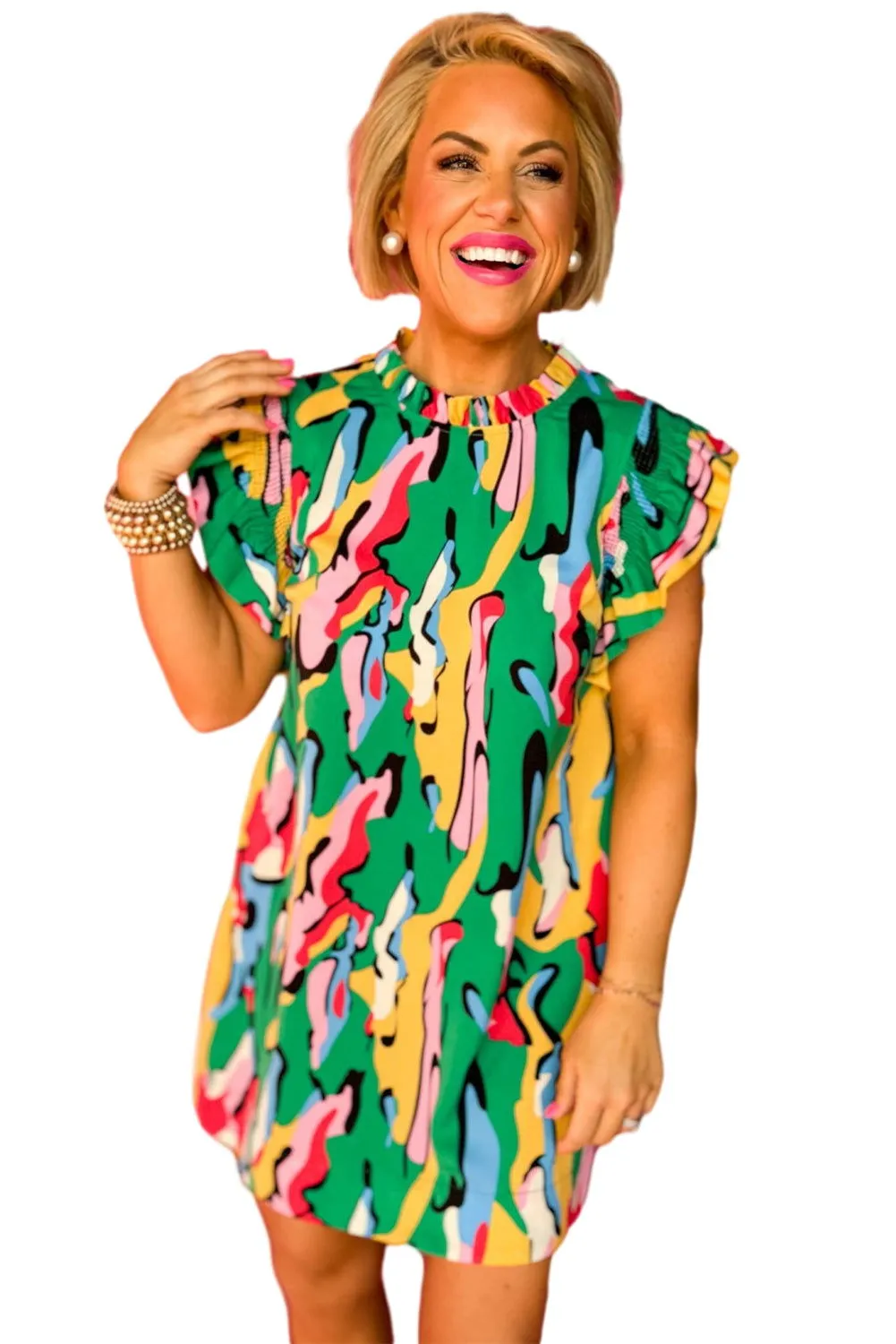 Rose Abstract Print Frill Neck Ruffle Sleeve Mini Dress
