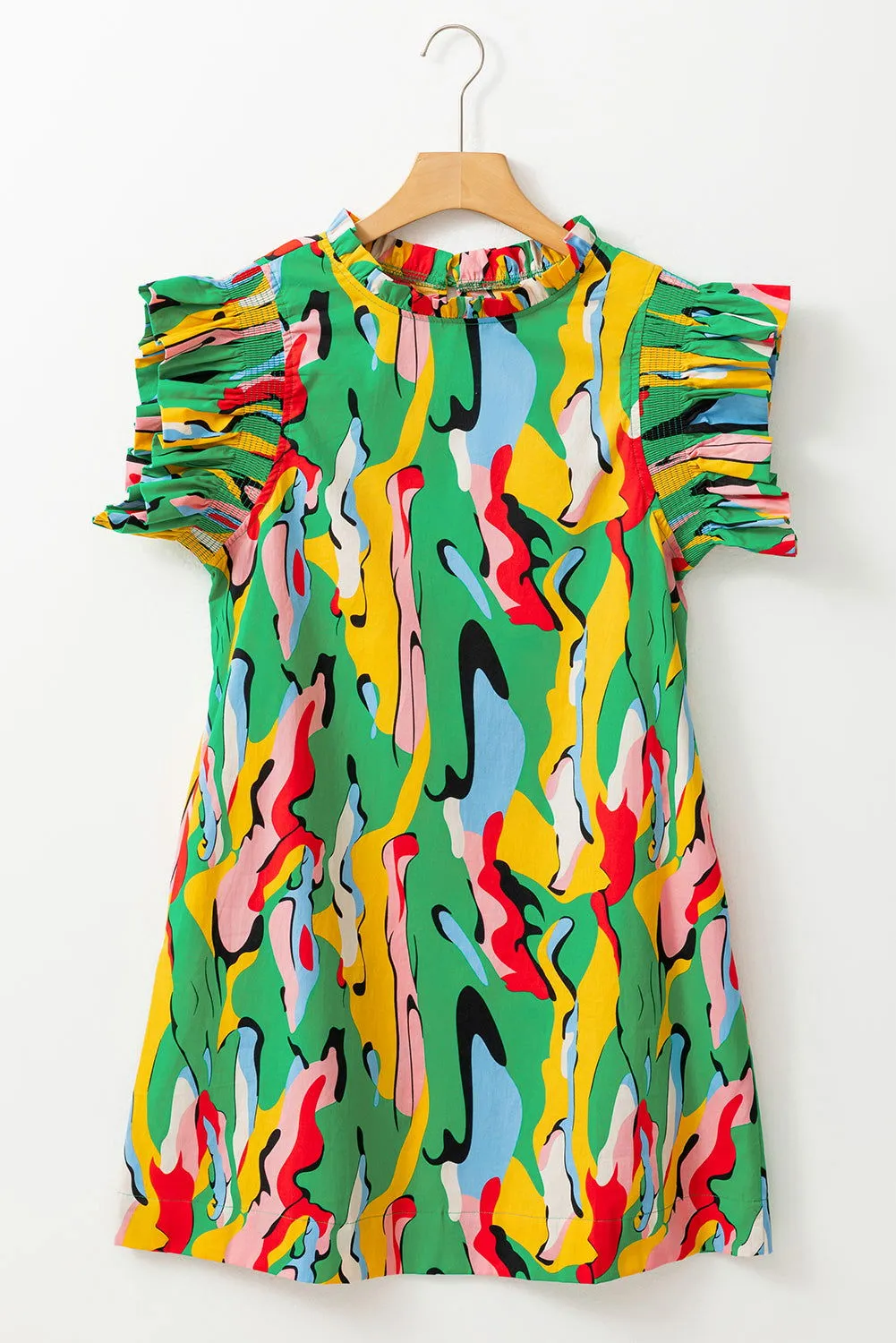 Rose Abstract Print Frill Neck Ruffle Sleeve Mini Dress