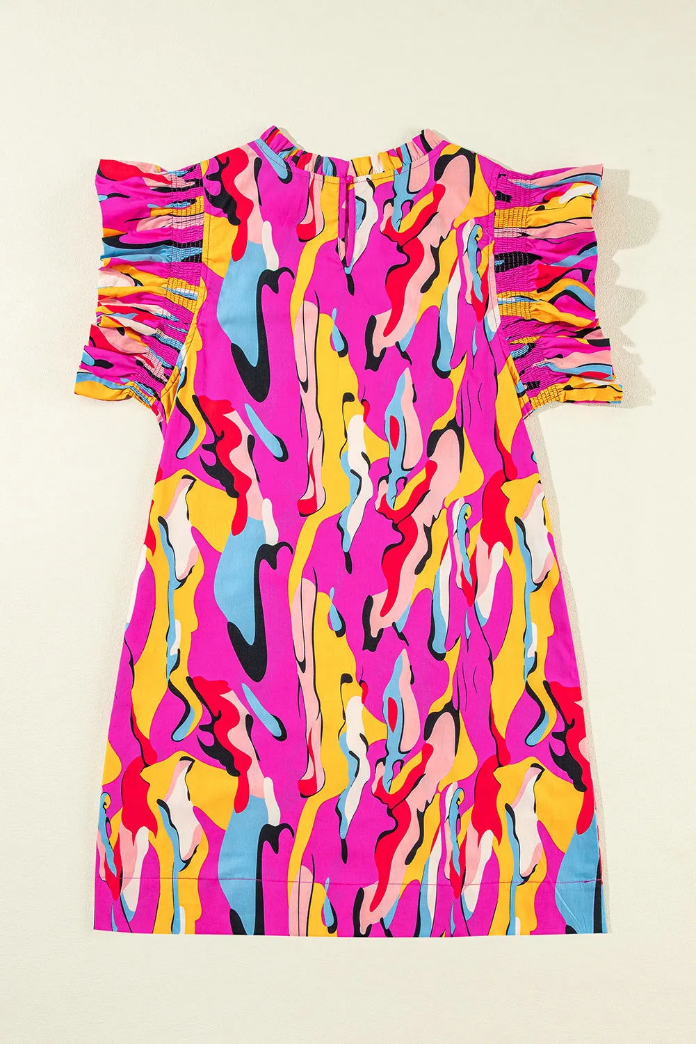 Rose Abstract Print Frill Neck Ruffle Sleeve Mini Dress