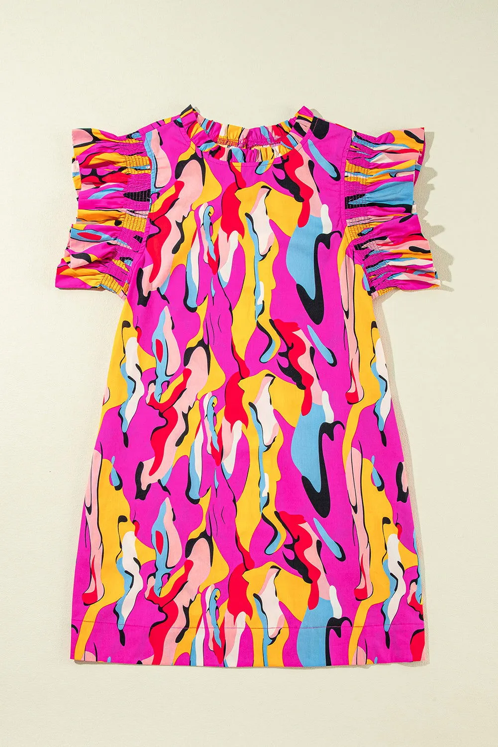 Rose Abstract Print Frill Neck Ruffle Sleeve Mini Dress