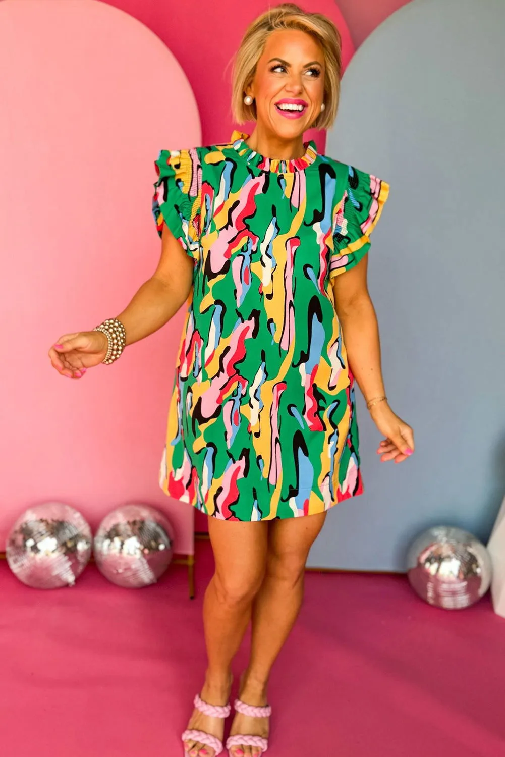 Rose Abstract Print Frill Neck Ruffle Sleeve Mini Dress