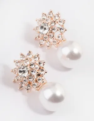 Rose Gold Diamante Swirl Pearl Stud Earrings