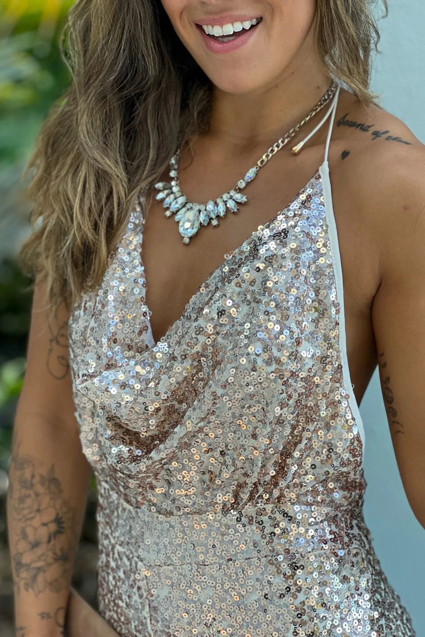 Rose Gold Sequin Halter Neck Jumpsuit