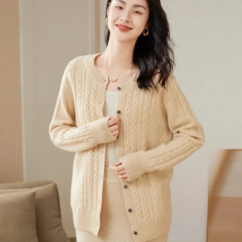 Round Neck Cashmere Cardigan Women's Retro Cable Knit Cardigan Thickened Long Sleeve Sweater