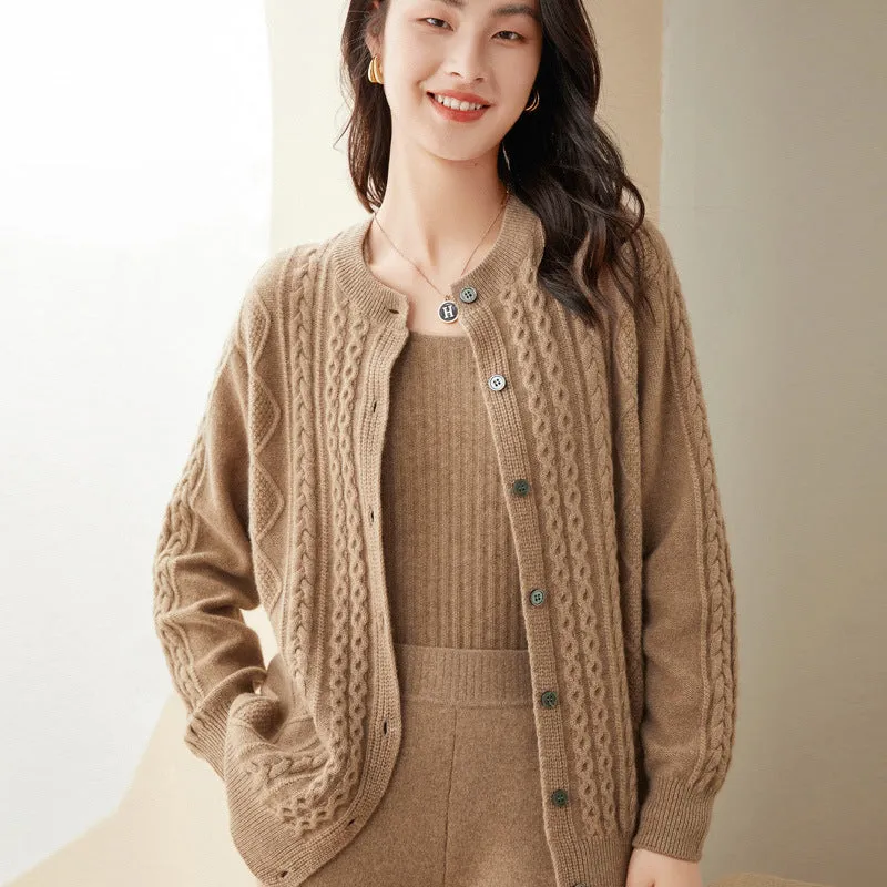 Round Neck Cashmere Cardigan Women's Retro Cable Knit Cardigan Thickened Long Sleeve Sweater