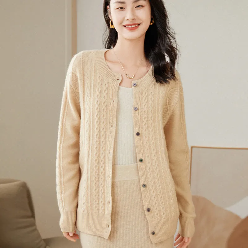 Round Neck Cashmere Cardigan Women's Retro Cable Knit Cardigan Thickened Long Sleeve Sweater